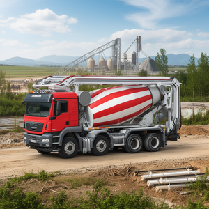 Camion malaxeur à béton Liebherr 8x4 à rayures rouges et blanches, véhicule de construction robuste - Product Image 3