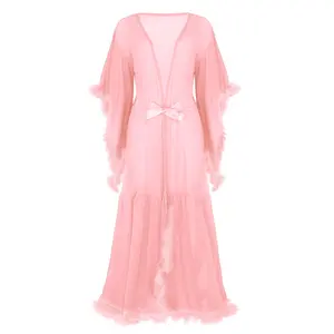 Wanita Romantis Seksi Transparan Tulle Baju Tidur Terompet Lengan Bulu Panjang Pakaian Dalam Wanita Jubah Mandi Baju Tidur Dress Panjang