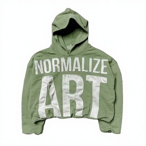 Novedad 2024 Sudadera con capucha corta personalizada, estilo vintage, con lavado ácido, efecto desgastado, bordado de parches y apliques, corte rasgado, dobladillo sin rematar y 100% algodón serigrafiado - Product Image 3