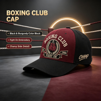 Casquette de baseball structurée bicolore bordeaux et noir avec broderie 3D « Fight on Crest » pour club de boxe, idéale pour la gym et l'entraînement