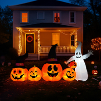 Topi Halloween Tiup 8ft dengan Labu dan Hantu Putih, Dilengkapi 5 Lampu LED untuk Dekorasi Halaman dan Taman Luar Ruangan 12V