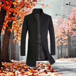 Manteau long d'hiver pour homme, col mandarin, simple boutonnage, en mélange de laine enduite, coupe ajustée, infroissable - Product Image 3