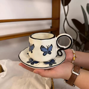 Vintage French Style Hand Painted Butterfly Pattern Irregular Finish Eco-Friendly Blue <b>Ceramic</b> 270ml Dishwasher Microwave <b>Cup</b> - Product Image 3