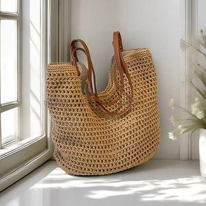 Sac fourre-tout de plage en coton tressé à la main grande capacité avec fermeture éclair, design évidé pour l'épaule, pour femme, style décontracté Tanjing - Product Image 2