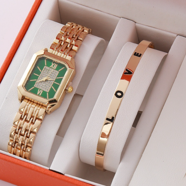Women Watches Fashion Square Ladies Quartz Watch Bracelet Set Green Dial Simple Rose Gold Steel Luxury Women Watches
