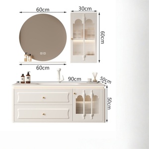 French style rock slab ceramic integrated basin intelligent LED lighting <b>mirror</b> milk oil wind storage bathroom cabinet - Product Image 5