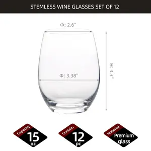 Gelas anggur tanpa batang, Set 12 pencuci piring anggur putih aman 15 ons pelek Halus gelas anggur standar untuk merah