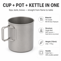 Tasse de camping en titane pur avec couvercle et poignée pliable, pour café et thé, 220ml 380ml 550ml, ultralégère, pour randonnée et glamping