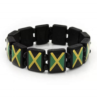 Pulsera de Madera Negra de 12*15MM con Hoja de Marihuana en Color Rasta e Ícono de la Bandera de Jamaica