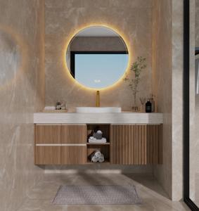 2026 Hot Sale Wood Floating Bathroom <b>Vanity</b> Cabinet with LED <b>Mirror</b> Sintered Stone For Villa Apartment - Product Image 3