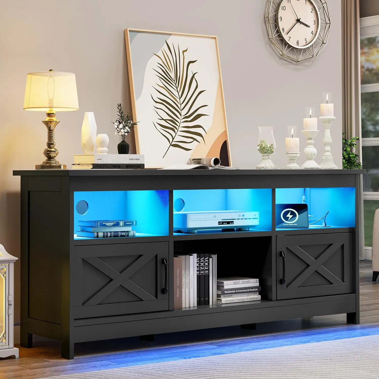 Farmhouse TV Stand LED Light Entertainment Center With Storage Cabinets And Power Outlet