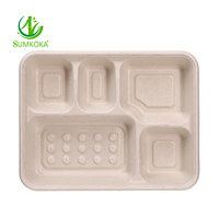 SUMKOKA Assiettes en bagasse 100 % compostables de 10,25 x 8,5 pouces, assiette à 5 compartiments, barquettes de déjeuner scolaires jetables et durables