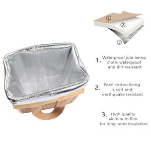 กระเป๋าเก็บความเย็นสำหรับอาหาร ทำจากผ้ากระสอบเคลือบฟิล์มอะลูมิเนียมลายป่าน ใช้สำหรับใส่เค้ก อาหารกลางวัน ใช้ได้ทุกวัน สำหรับเดินทาง ปิกนิก  สามารถสกรีนโลโก้ได้ - Product Image 4
