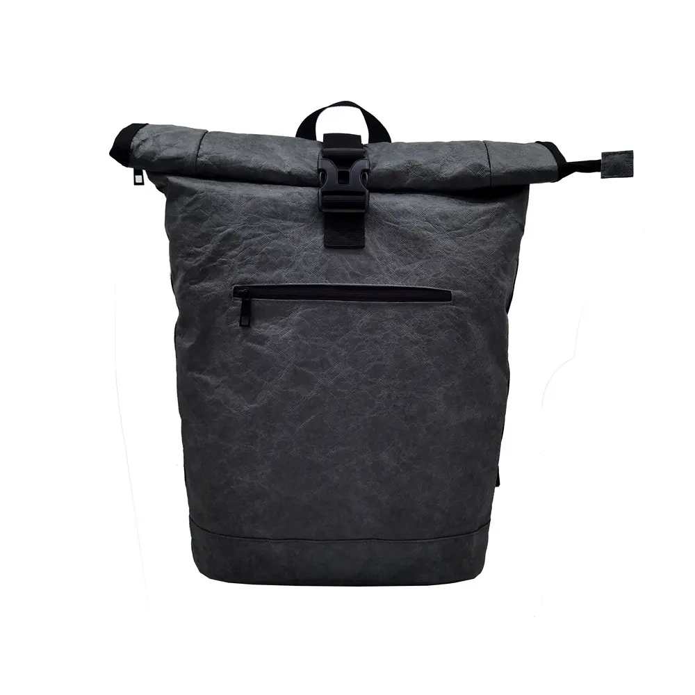 New Arrival Waterproof Black Outdoor Dupont Back Pack Washable Tyvek Paper Unisex Roll Top Backpack