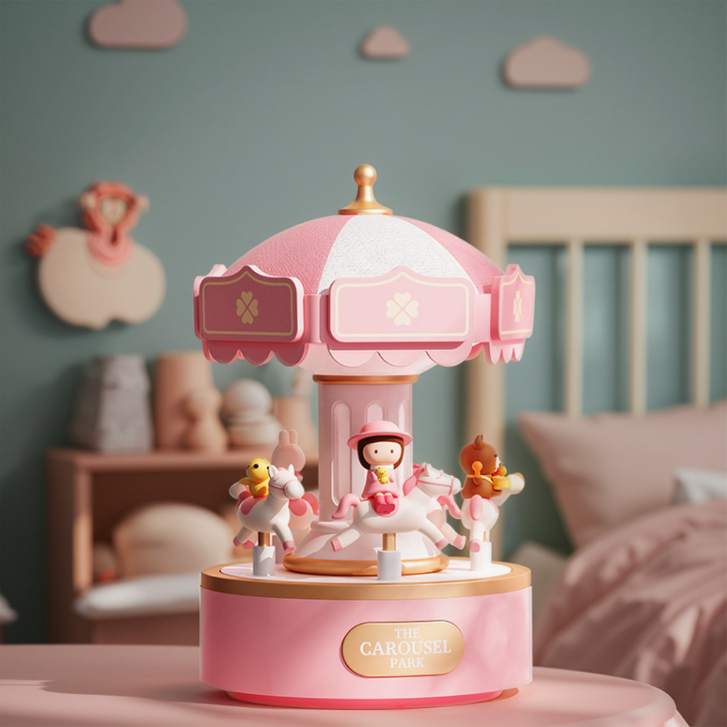 Automatic Carousel Music Box Indoor LED Night Light Button Switch White Shade-Christmas Gift for Children's Bedside Room Decor