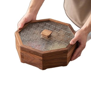 Caja de almacenamiento de madera de estilo chino con forma de polígono y tapa de vidrio para refrigerios, dulces, frutas, organizador de escritorio para el hogar - Product Image 3