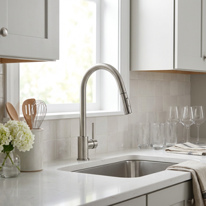 Robinet de <span class=keywords><strong>cuisine</strong></span> moderne et contemporain en céramique et laiton, finition nickel brossé, eau froide et chaude, rotation à 360 degrés, <span class=keywords><strong>mitigeur</strong></span> extractible - Product Image 2