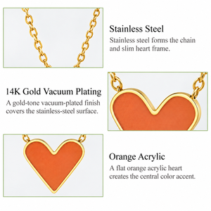 Collier avec pendentif en forme de cœur plaqué or avec incrustation de résine orange, style minimaliste, chaîne en boîte, unisexe, à porter tous les jours - Product Image 4