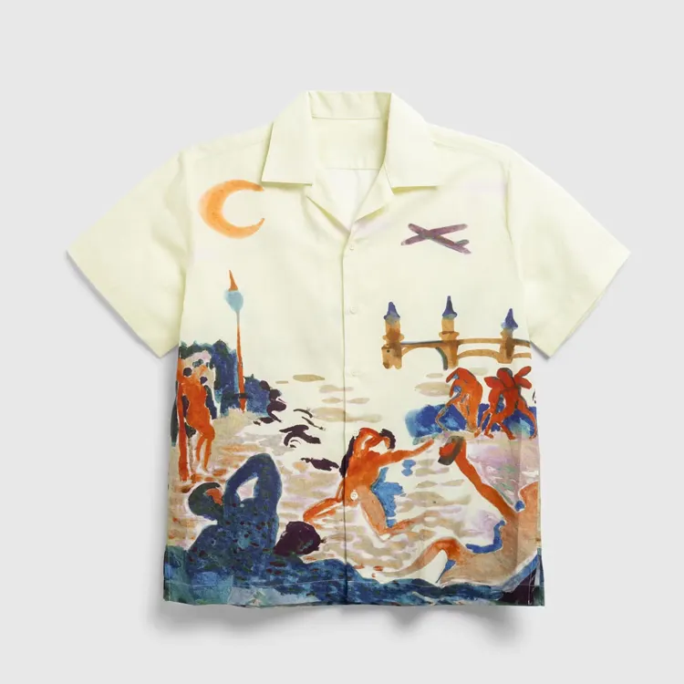 Wholesale Beige Mens Custom Art Pattern Printed Shirt Short Sleeve Turn Down-neck Sublimation Printing Shirts Hawaii