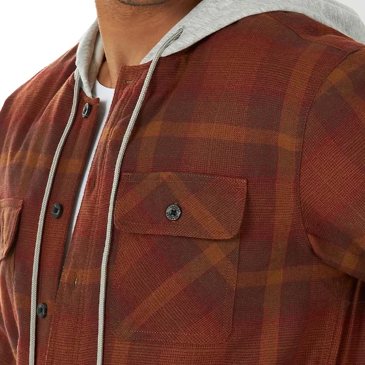 Veste de chemise en flanelle à carreaux personnalisée avec impression design OEM rouge à capuche