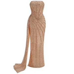 Новое женское вечернее платье премиум-класса с боковыми швами и лентами, сексуальное, цвета шампань, без бретелек, с жемчугом, на косточках, в пол, длинное. - Product Image 3