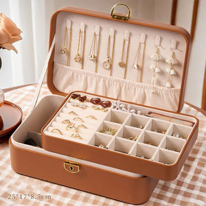 Caja de Almacenamiento de Joyas de Cuero PU de Doble Capa con Cierre, Elegante y Personalizable con Logotipo, de Lujo Sencillo, para Mujeres y Niñas, Venta al Por Mayor - Product Image 2