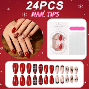 24 faux ongles à presser, forme amande, motif carreaux rouges et noirs de Noël, design baies de houx, avec lime à ongles, vente en gros, dropshipping - Product Image 6