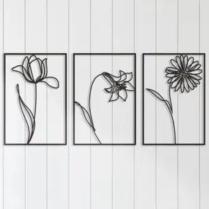 Gepersonaliseerde Fabrikant Bloem Lineart 3 Stuks Textuur Verf Metalen Wanddecoratie Huisarmerende Geschenk Metalen Muur Kunst Decor