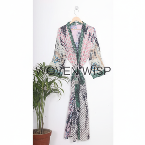 Anokhi เสื้อคลุมผ้าฝ้ายโบราณบล็อกดอกไม้พิมพ์นุ่มสบายสั้นกิโมโนเหมาะสําหรับสวมใส่หน้าแรกสวมใส่ชายหาด,ผู้หญิง - Product Image 1