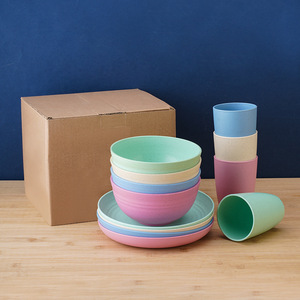Großhandel 12-teiliges Weizenstroh-Geschirrset, einschließlich Schüsseln, Teller, Besteck, Serviergeschirr, Reisschalen, Plastikteller, Becher - Product Image 3