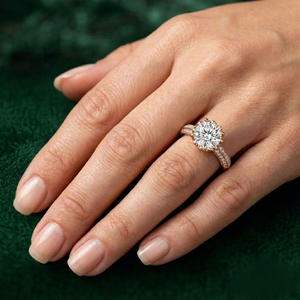Anillo de compromiso y boda de oro rosa con banda pavé Milgrain y diseño de corona de loto, diamante brillante cultivado en laboratorio, certificado IGI, 9/10/14/18K - Product Image 1
