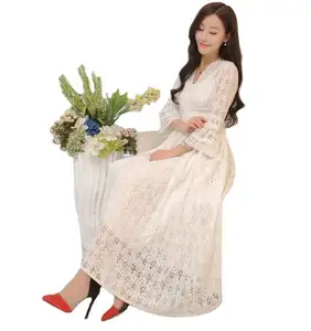 秋季韩国设计女式v领蕾丝优雅连衣裙度假时尚女士纯色印花a字裙