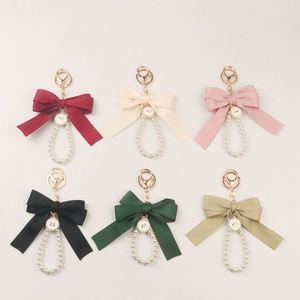 Creative <b>Large</b> Silk Ribbon Bow Knot Pearl Tassel <b>Key</b> <b>Ring</b> Rhinestone Crystal Keychain Silk Screen Fashion for Women Girl - Product Image 1