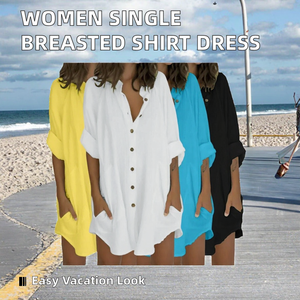 Vestido Camisero Casual Tejido para Mujer, Cuello Mao, Bolsillos, Manga Larga, Verano, Playa - Product Image 2