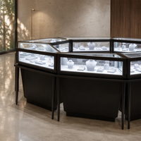 Vitrine de présentation de bijoux sur pied sur mesure en gros, en contreplaqué avec verre trempé et éclairage LED pour bijouterie