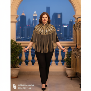 Vintage Feminine Geometric Poncho Dress Plus Size Short Flowing <b>Sequined</b> Layered Embroidered Stand Collar Half Sleeve - Product Image 3