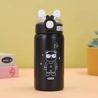 Bouteille d'eau isotherme en acier inoxydable pour enfants, avec paille et couvercle à ressort, motif ours de dessin animé, isolation thermique 12-24 heures