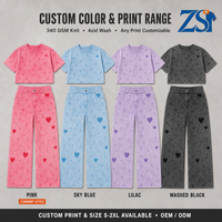 Ensemble 2 pièces Zesheng Y2K esthétique rose délavé à l'acide avec imprimé cœur, t-shirt court vintage et pantalon large pour femme