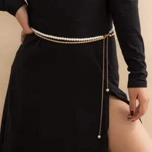 Joyería Sexy para el cuerpo para mujer, cadena de cintura de oro multicapa Simple, cadena de perlas, accesorios