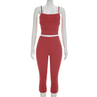 Ensemble 2 pièces d'été pour femme : haut caraco côtelé à nœud en dentelle et pantalon capri – Tenue décontractée