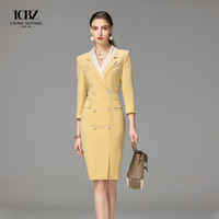 Vente chaude femmes vêtements de bureau longue jupe mi-longue costume deux pièces ensemble avec bouton décoration dames jupe formelle Blazers
