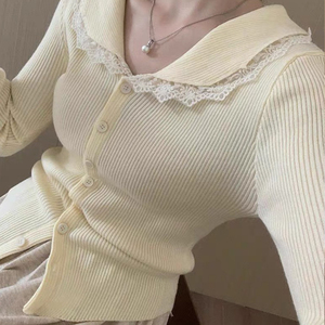 Cárdigan de Punto con Cuello Nuevo, Manga Larga y Parches de Encaje para Mujer, Otoño e Invierno - Product Image 6