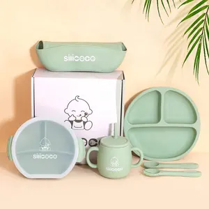 Bol et assiette à ventouse forte écologique et non toxique ensemble de cuillères bavoir d'alimentation en silicone pour bébé en stock nouvel arrivage