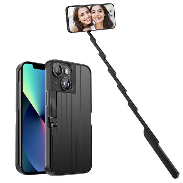 3in1 Integrated Retractable Selfie Stick Phone Case Compatible with iPhone 13 14 15 16 Pro Max for Shooting Vlogging Photography