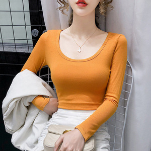 Chemise à fond fileté à manches longues pour femmes, couleur unie, intérieur serré, style printemps et automne, coupe ajustée, <span class=keywords><strong>t</strong></span>-<span class=keywords><strong>shirt</strong></span> polyvalent à col en U - Product Image 4
