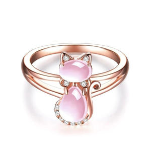 Anello Q526 a Forma di Gatto in Quarzo Rosa, Anello con Gemma per Donna, Montatura Pavé, Pietra Naturale, Regalo, Gioiello alla Moda - Product Image 6
