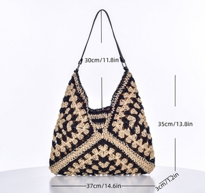 Bolso de Hombro Boho con Diseño Hueco, Triangular y Cuadrado, en Colores Contrastantes, Bolso Tote de Ganchillo con Cuerda de Papel y Correa de PU, RTS, Pedido Mixto al por Mayor - Product Image 2