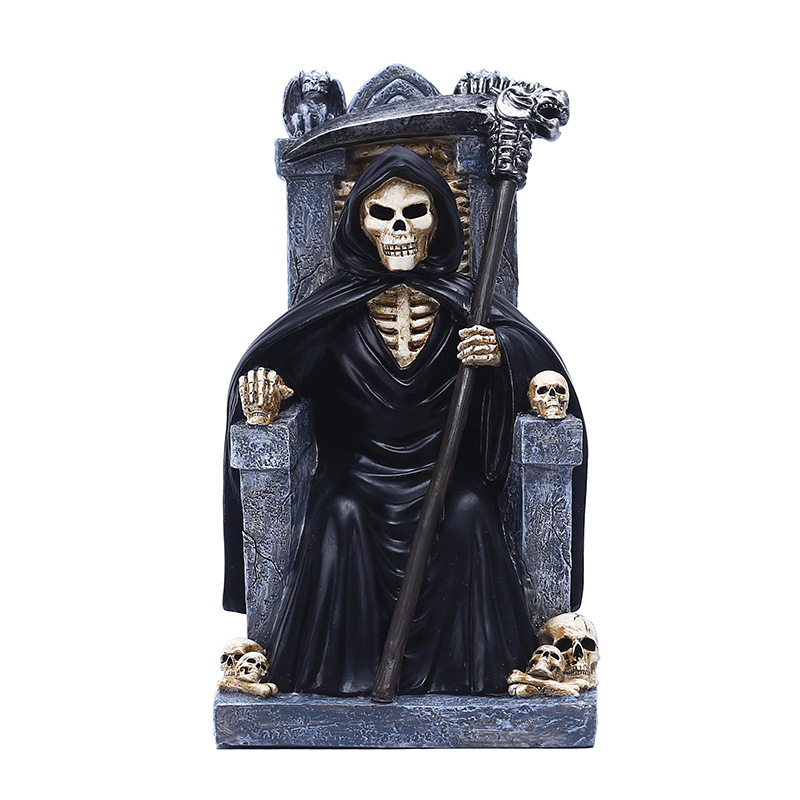 Hars Ornament Halloween Spookachtige Gotische Dood Decor Beeldje Kwaad Grim Reaper Op Been Troon Standbeeld Met Zeis En Schedel