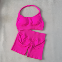 Ensemble de sport pour femme : Soutien-gorge dos nu et short froncé, ensemble 2 pièces sans couture pour yoga et fitness, tenue d'entraînement, logo personnalisé