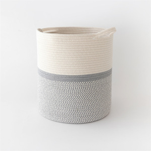 Woven Storage <b>Basket</b> Cotton Rope Round Clothing Organizer <b>Foldable</b> Handle Black Gray White Tones - Product Image 5
